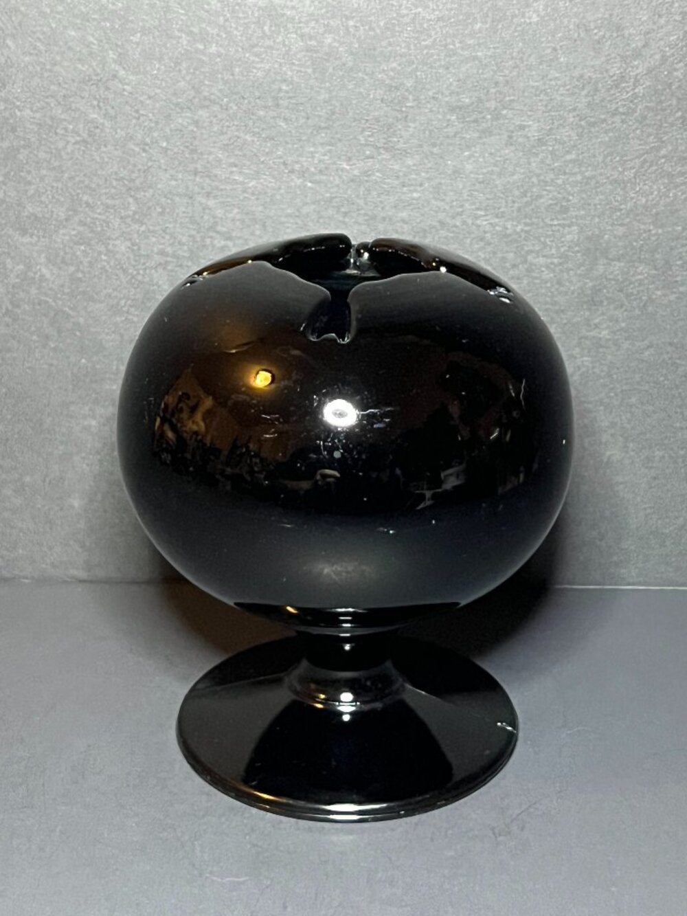 Vintage MCM Art Deco Black Amethyst Glass Pedestal Space Age Sphere Ashtray 4.5"